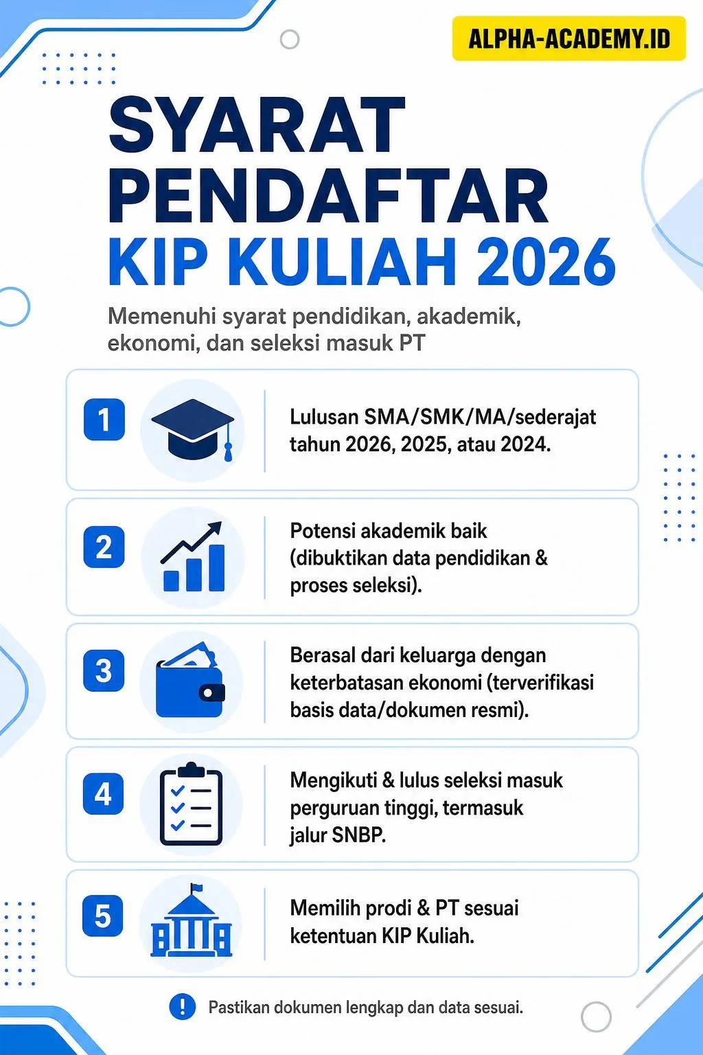 Buat infografis simpel, informatif tentang paragraf ini=
Syarat Pendaftar KIP Kuliah 2026

Pendaftar KIP Kuliah 2026 harus memenuhi syarat pendidikan, akademik, ekonomi, dan seleksi masuk perguruan tinggi. Syarat ini digunakan untuk memastikan bantuan diterima oleh siswa yang layak secara prestasi dan kebutuhan biaya.

Pendaftar merupakan lulusan SMA, SMK, MA, atau sederajat tahun 2026, 2025, atau 2024.

Pendaftar memiliki potensi akademik baik yang dibuktikan melalui data pendidikan dan proses seleksi masuk.

Pendaftar berasal dari keluarga dengan keterbatasan ekonomi yang dapat diverifikasi melalui basis data atau dokumen resmi.

Pendaftar mengikuti dan lulus seleksi masuk perguruan tinggi, termasuk jalur SNBP.

Pendaftar memilih program studi dan perguruan tinggi yang memenuhi ketentuan KIP Kuliah.